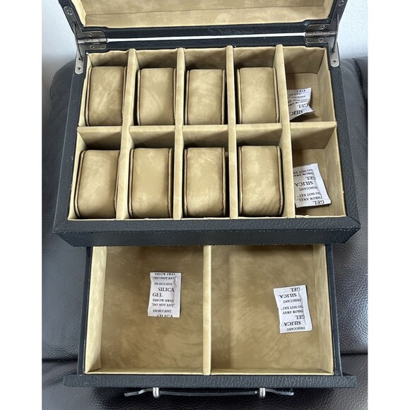 Fossil 10 Piece Watch Box Black w/ Storage Pull Out Drawer Jewelry Leather Trim - Picture 5 of 10